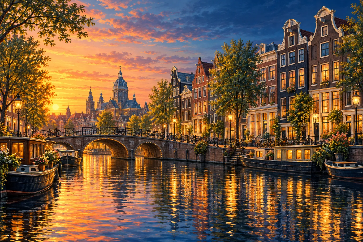 Canales de Ámsterdam al anochecer con casas reflejadas en el agua
