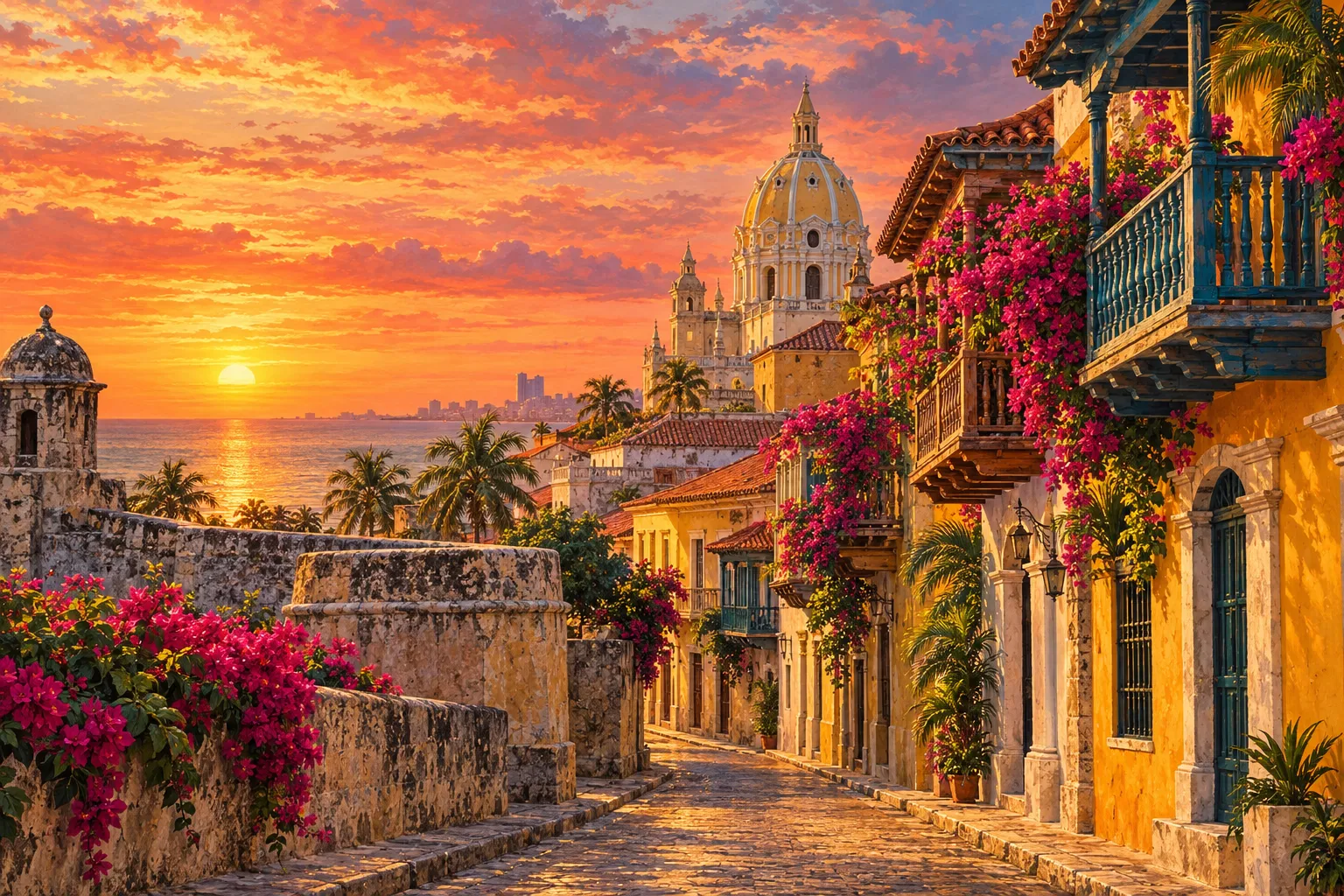 Calle colonial de Cartagena al atardecer, con balcones y buganvillas