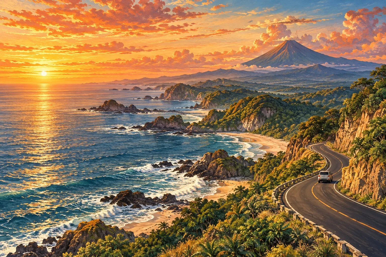 Carretera costera junto al océano Pacífico y un volcán al fondo